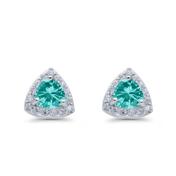 Halo Stud Earrings Simulated Paraiba Tourmaline CZ Round 925 Sterling Silver(8mm)